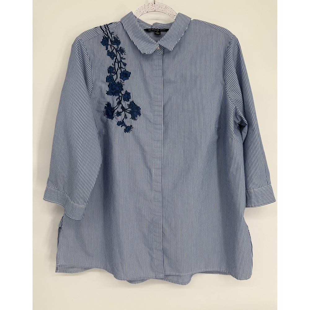 Zac & Rachel Woman Blue White Striped Floral Embroidered 3/4 Sleeve Blouse Sz 2X